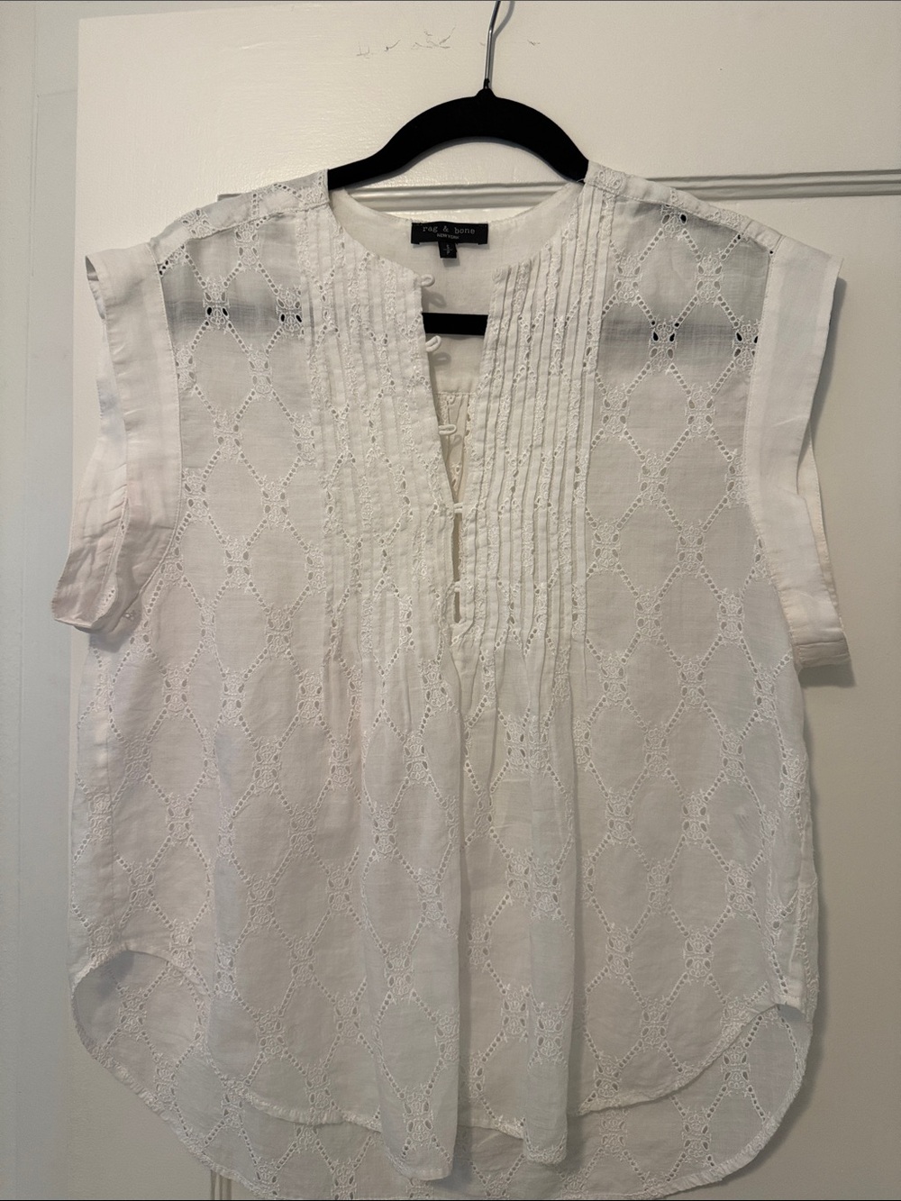 rag & bone White Eyelet Pintuck Cap-Sleeve Blouse